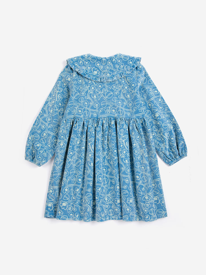 B226AC084 SKETCHY FLOWERS ALL OVER CORDUROY DRESS - BLUE