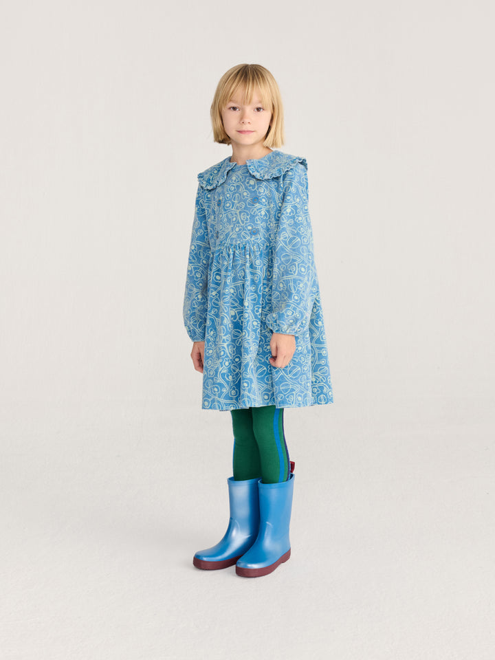B226AC084 SKETCHY FLOWERS ALL OVER CORDUROY DRESS - BLUE