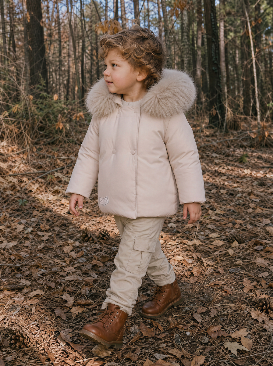 B3 Oat Double-Breasted Fur Trimmed Hooded Unisex Baby Down Coat - BEIGE