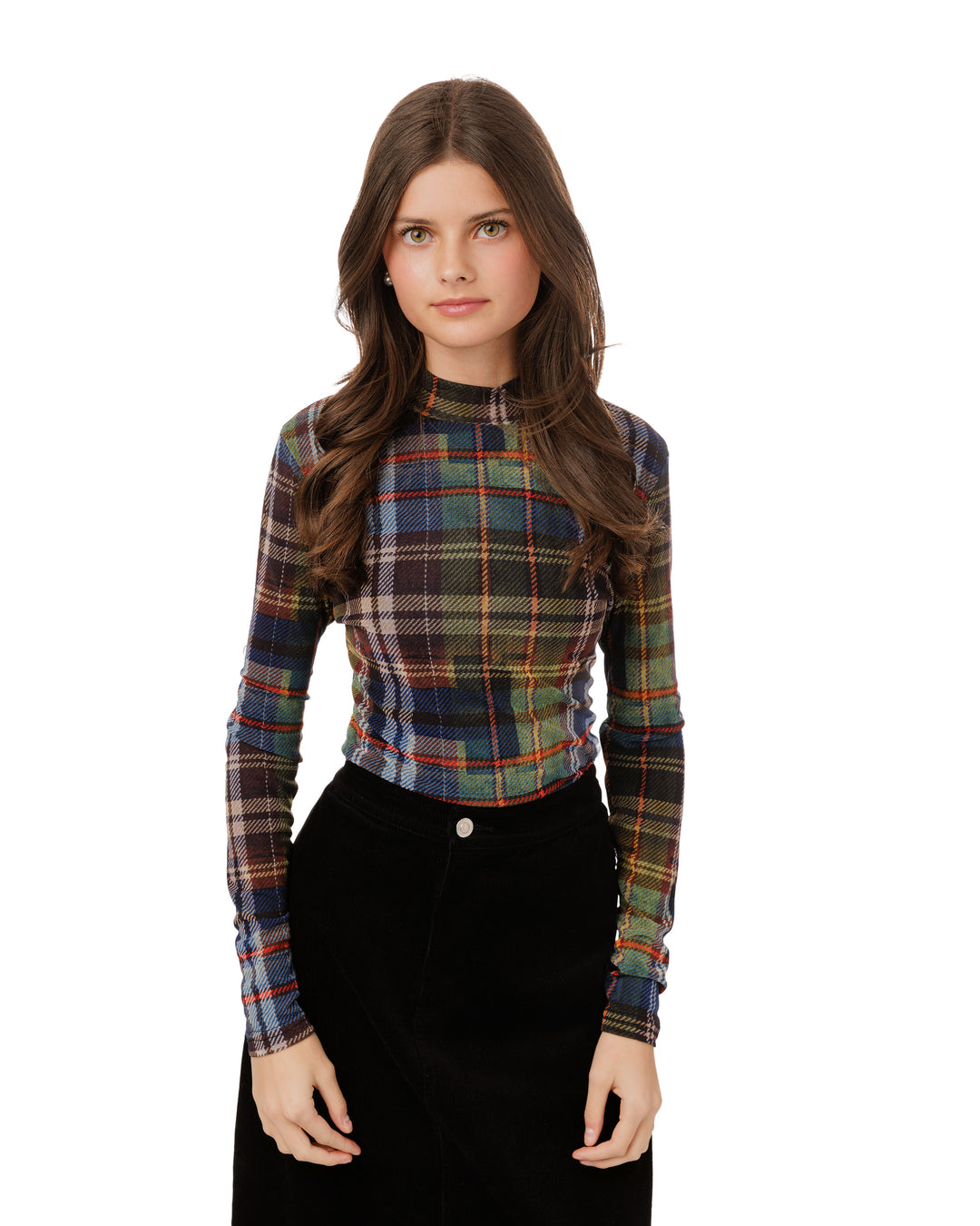B6W51198T-A-Plaid Mockneck-NAVY