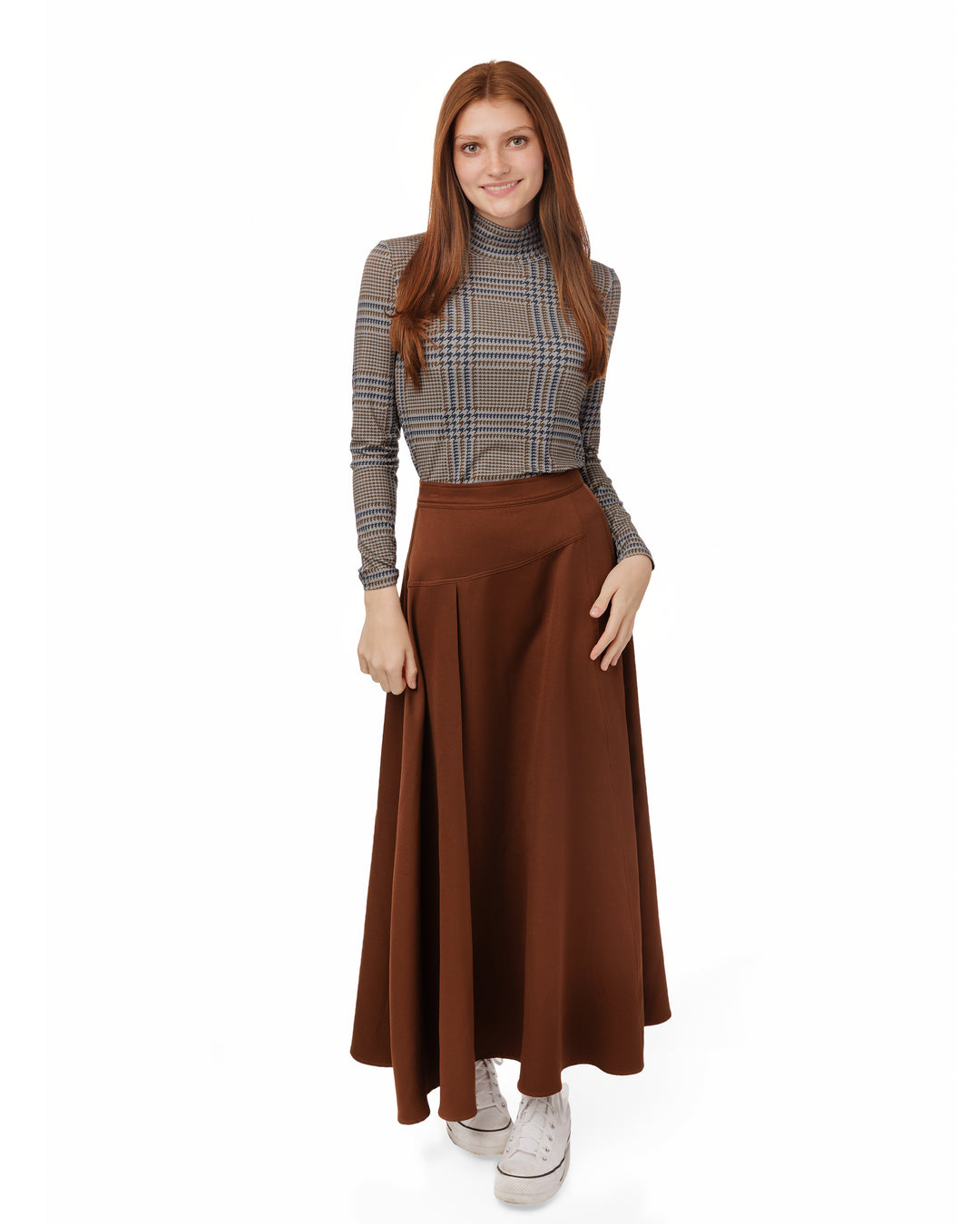 B6W5141T-A-Houndstooth Mock Neck-TAN