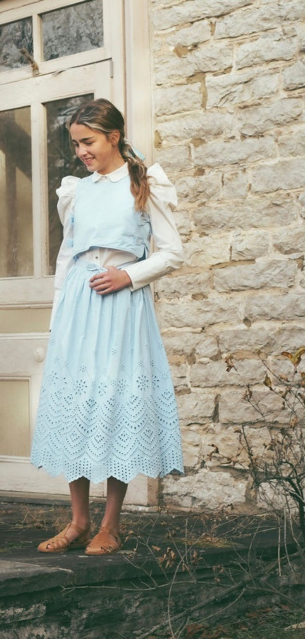 C-25003-Eyelet Detail Midi Skirt Light Blue