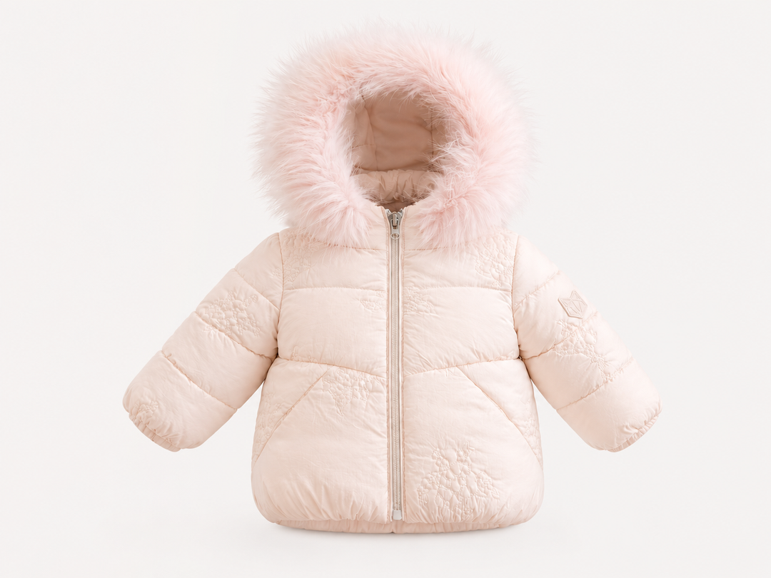 B9 Pink Embroidered Fur Trimmed Hooded Baby Down Coat - PINK EMBROIDERED