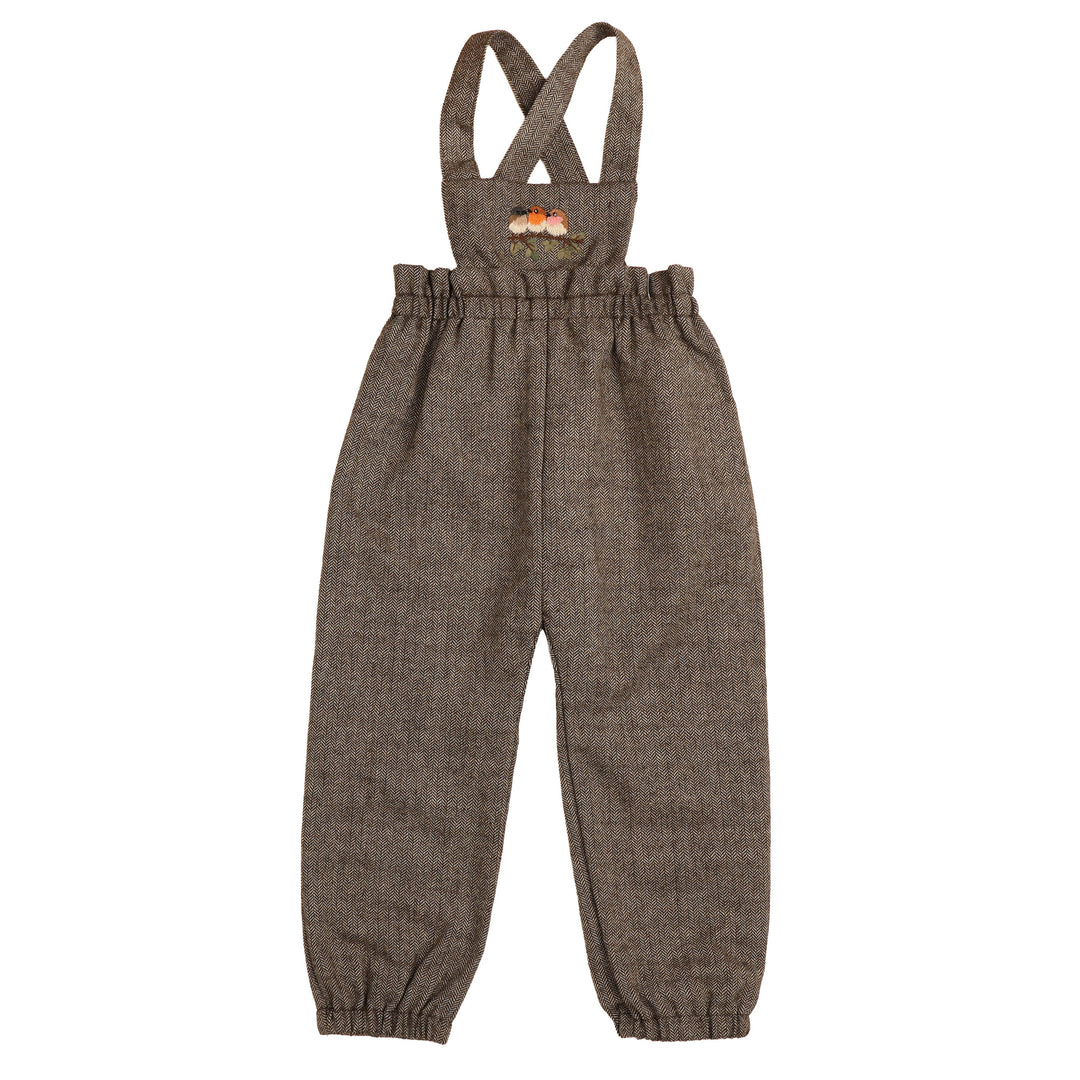 BBB969 BIRD EMBROIDERED BIB GIRLS ROMPER - BROWN
