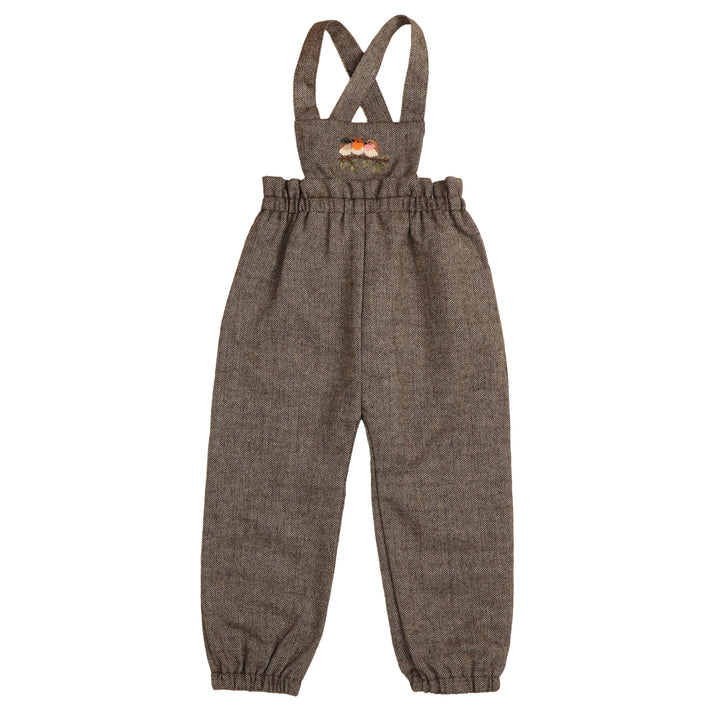 BBB969 BIRD EMBROIDERED BIB GIRLS ROMPER - BROWN