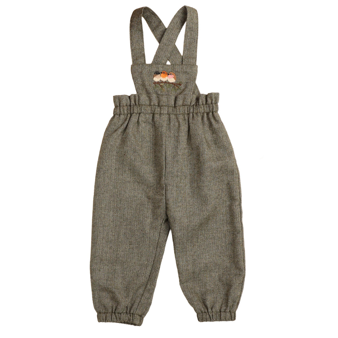 BBB969 BIRD EMBROIDERED BIB GIRLS ROMPER - OLIVE