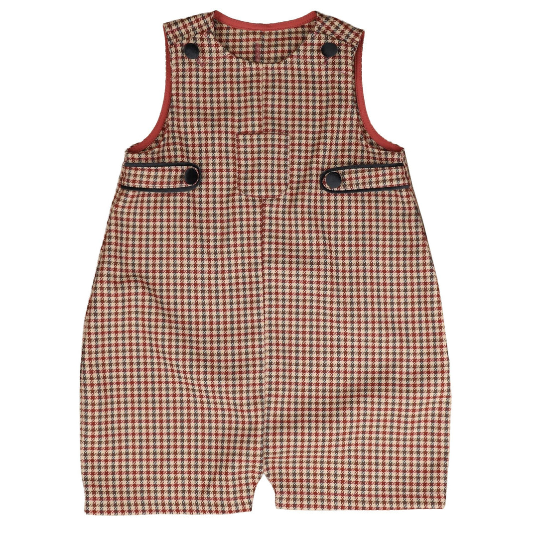 BBB971 HOUNDSTOOTH BABY SHORT OVERALL WITH FRONT POCKET - WINE