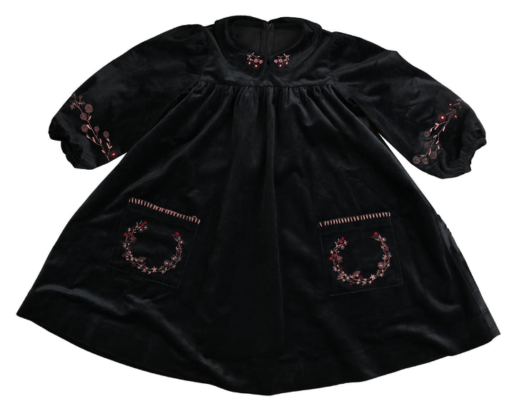 BDR619-Velvet corduroy dress with embroidered floral crest-NAVY