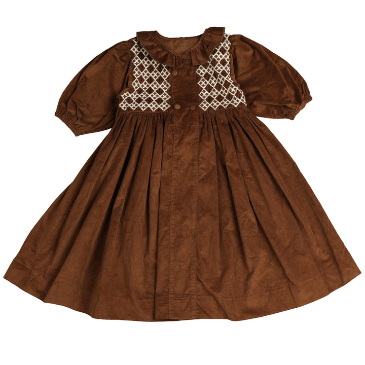 BDR982 INTRICATE SMOCKED CORD DRESS - BROWN