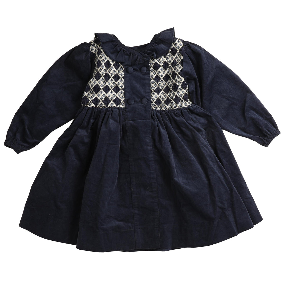 BDR982 INTRICATE SMOCKED CORD DRESS - NAVY