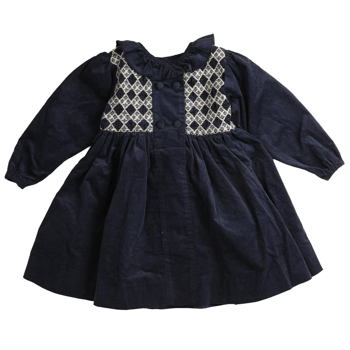 BDR982 INTRICATE SMOCKED CORD DRESS - NAVY
