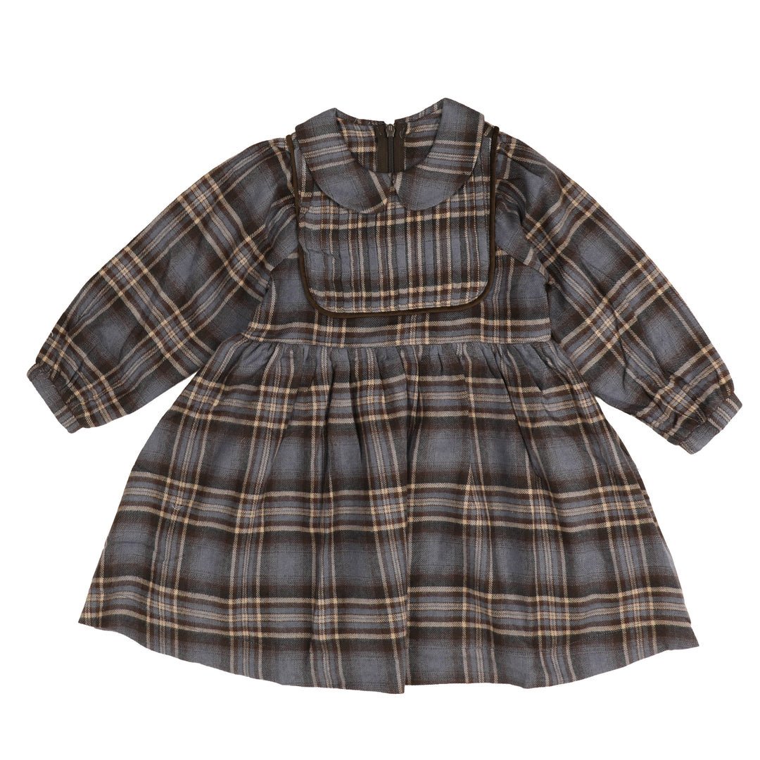 BDR992 PLAID DRESS WITH SOLID BIB - BROWN BLUE