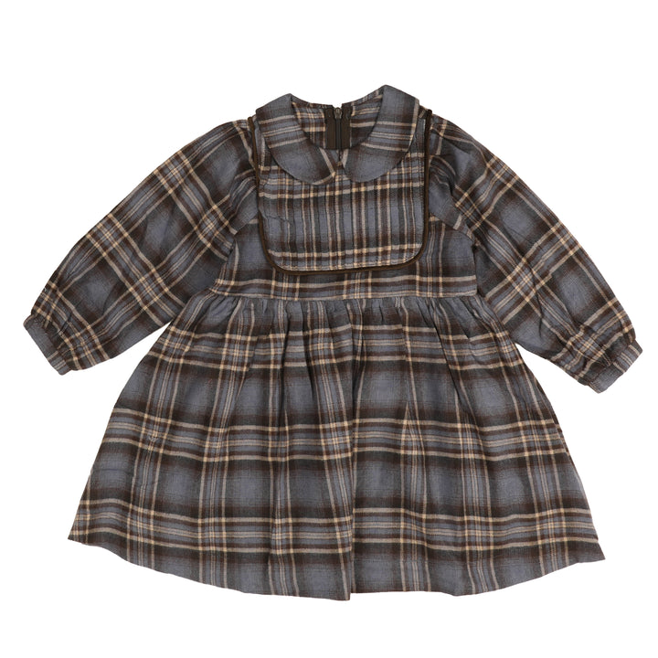BDR992 PLAID DRESS WITH SOLID BIB - BROWN BLUE