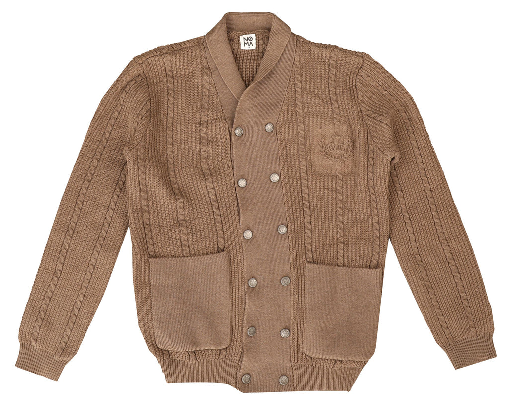 BKN633-Double breasted cable cardigan with shawl neck-MOCHA