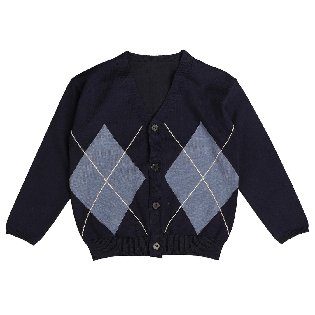 BKN933 ARGYLE KNIT CARDIGAN - BLUE
