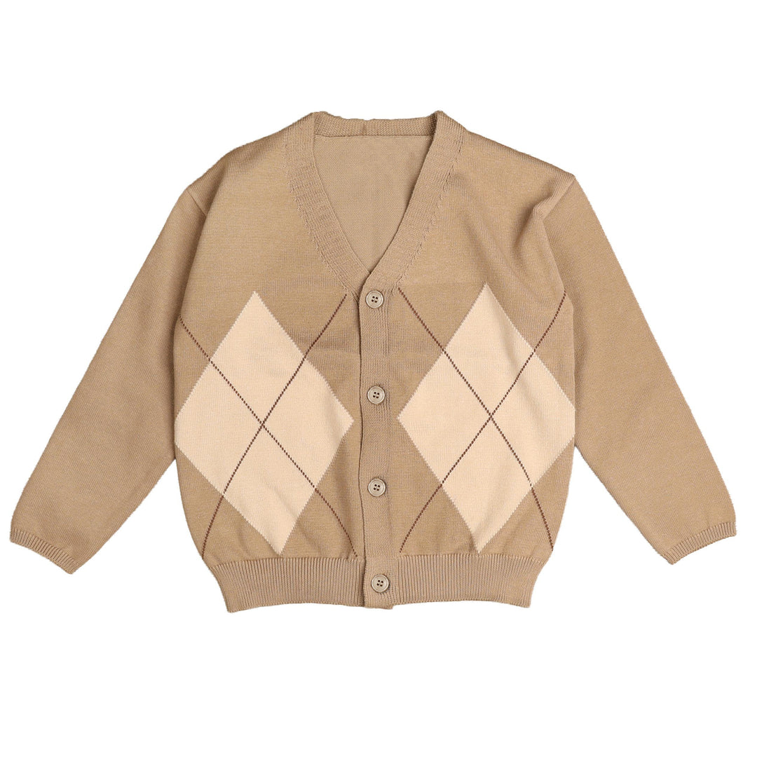BKN933 ARGYLE KNIT CARDIGAN - SAND