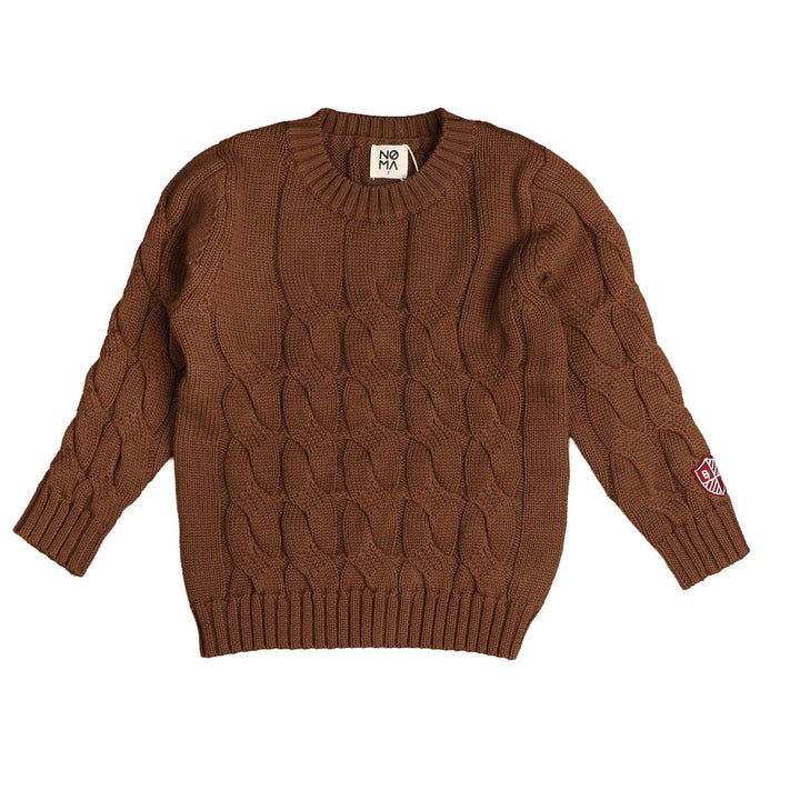 BKN954 CABLE KNIT SWEATER WITH SLEEVE BADGE - MOCHA