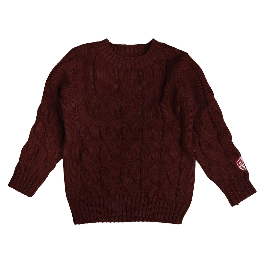 BKN954 CABLE KNIT SWEATER WITH SLEEVE BADGE - WINE