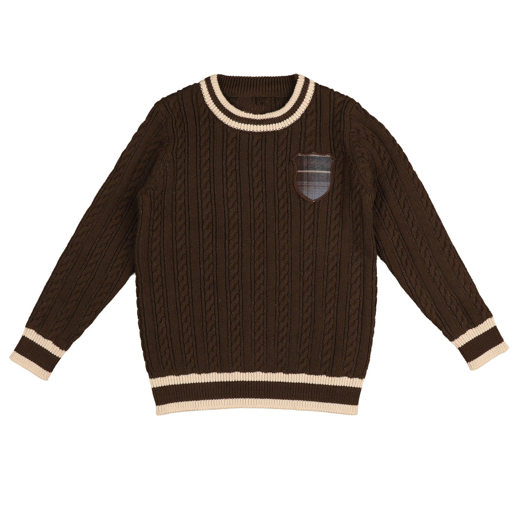 BKN956 CABLE KNIT SWEATER WITH PLAID BADGE - BROWN