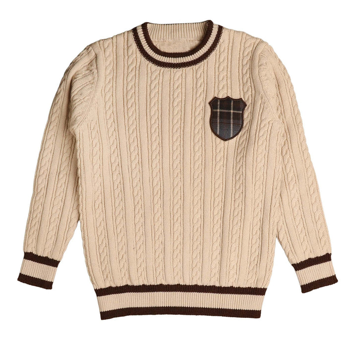BKN956 CABLE KNIT SWEATER WITH PLAID BADGE - STONE