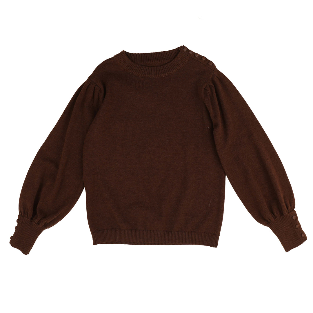 BKN958 MOCK NECK KNIT WITH SHOULDER BUTTONS - BROWN