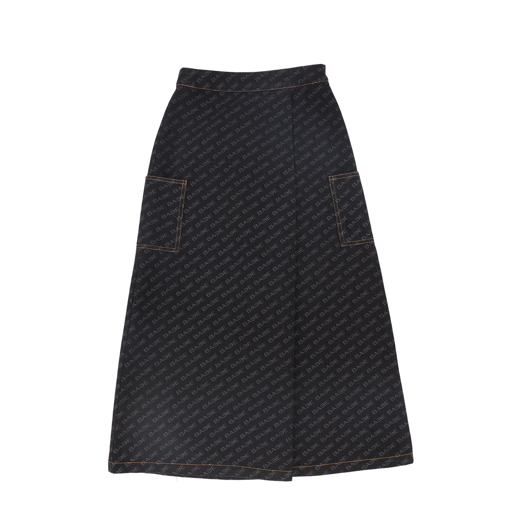 C-22688-Printed Denim Maxi Skirt -Black