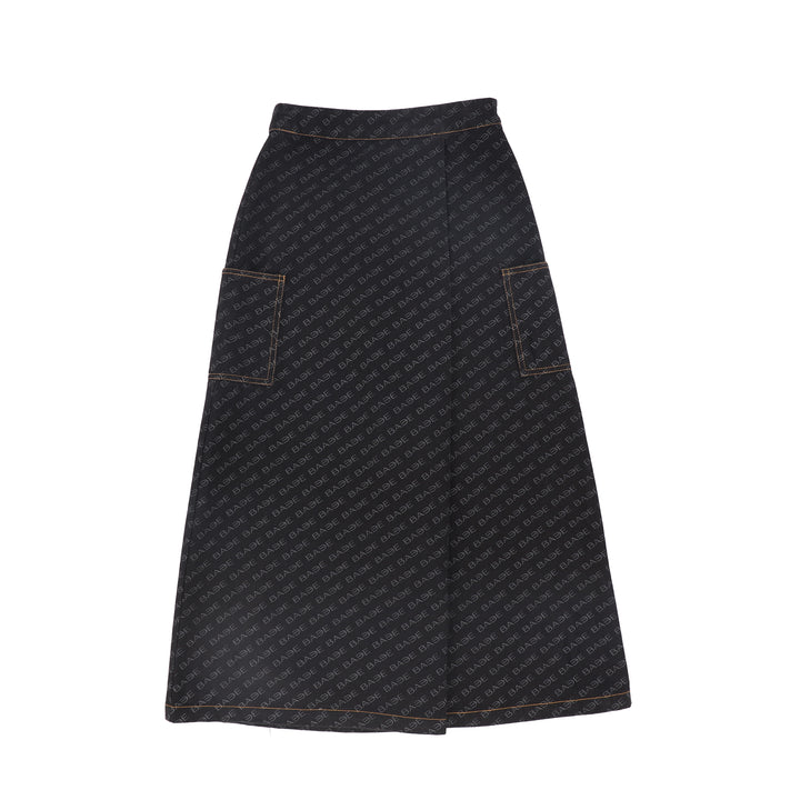 C-22688-Printed Denim Maxi Skirt -Black