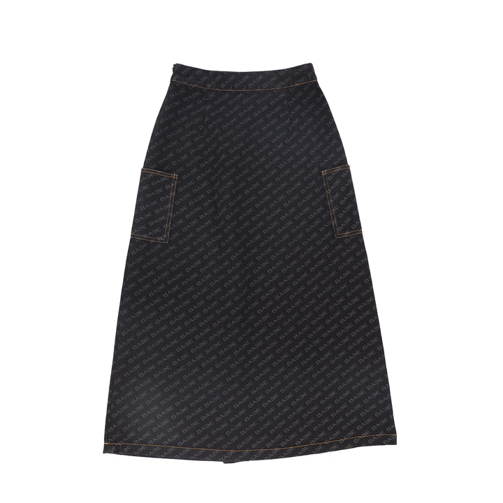 C-22688-Printed Denim Maxi Skirt -Black