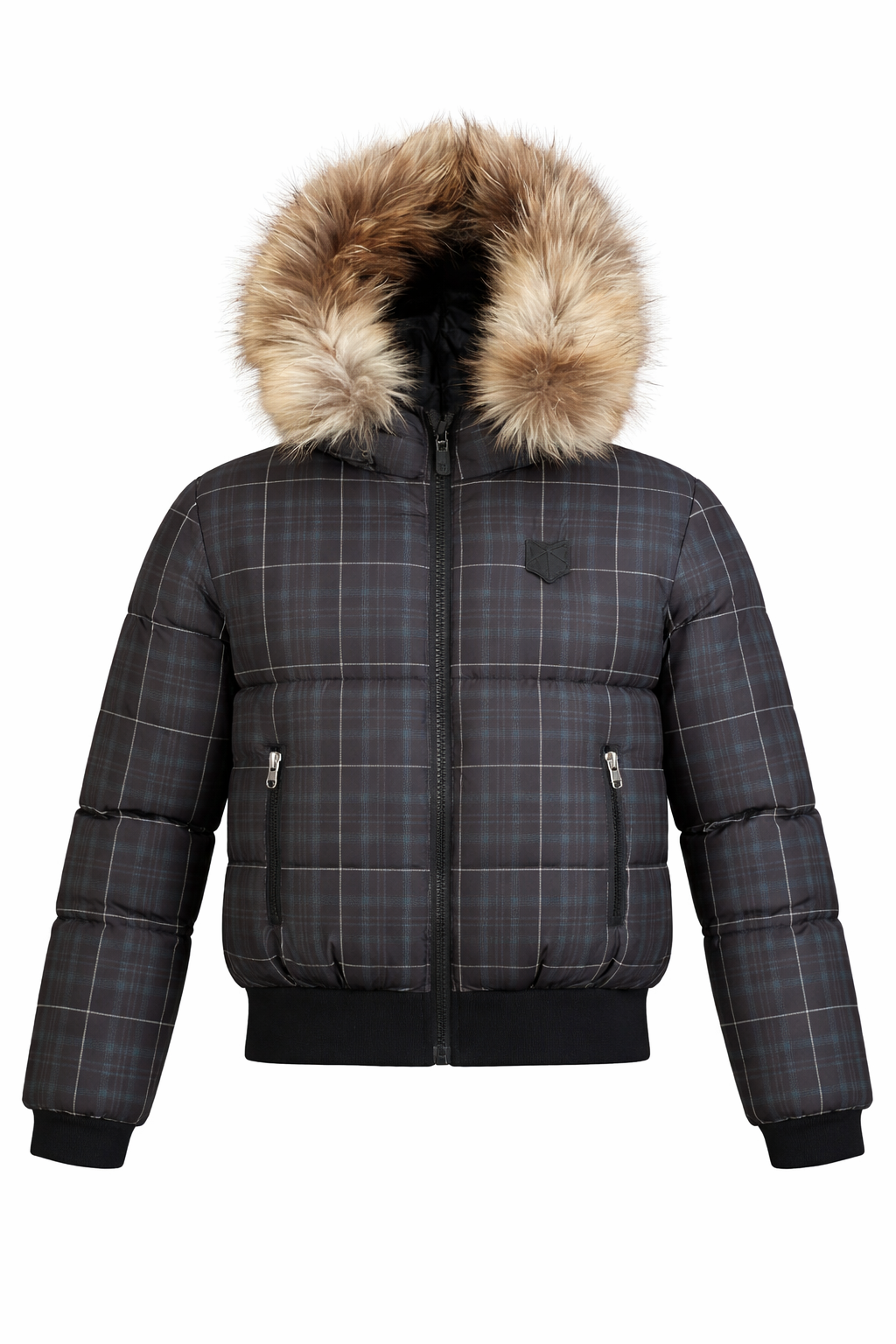 BO35 Plaid Fur-Trim Bomber Down Coat - PLAID