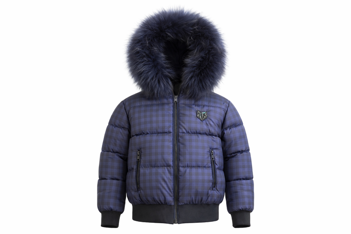 BO36 Blue Check Fur-Trim Bomber Down Coat - BLUE CHECK