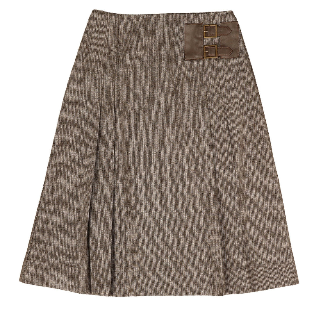 BSK912 PLEATED SKIRT WITH LEATHER BUCKLE CLOSURE - BROWN