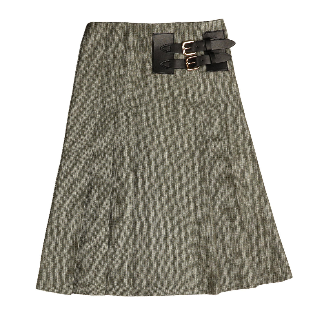 BSK912 PLEATED SKIRT WITH LEATHER BUCKLE CLOSURE - OLIVE