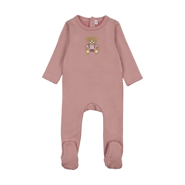 BWLV26007F Sherpa Teddy Velour Footie - Pink Bear
