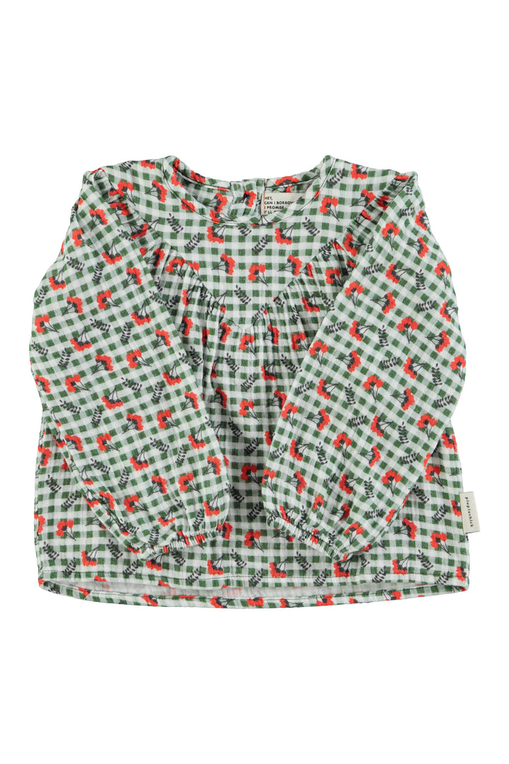 AW25.BM2506-Blouse | Green checkered w/ flowers-green and ecru | cotton gauze