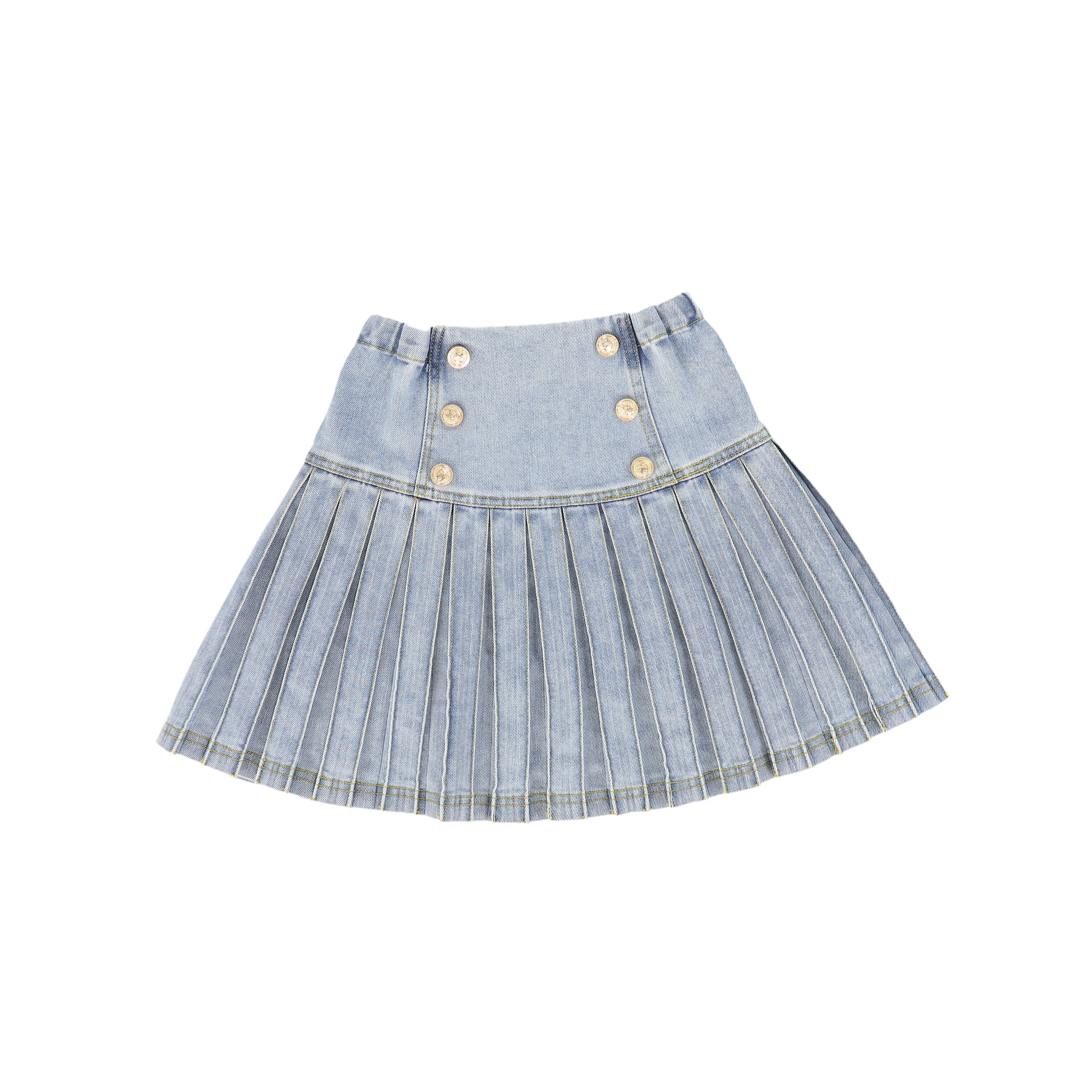 C-19188-Low Cut Denim Pleated Skirt -LT Blue Denim – whoopikids
