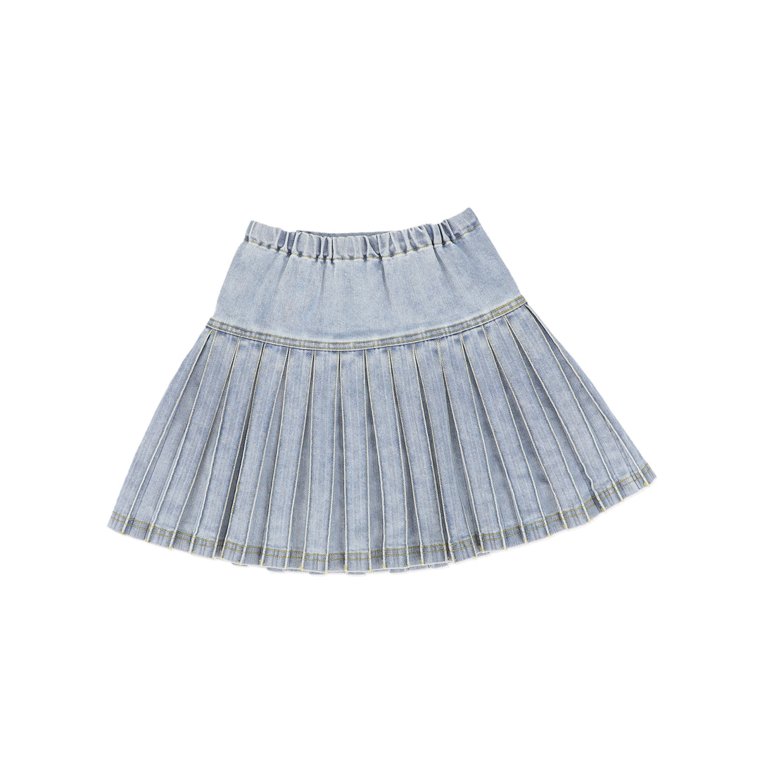 C-19188-Low Cut Denim Pleated Skirt -LT Blue Denim