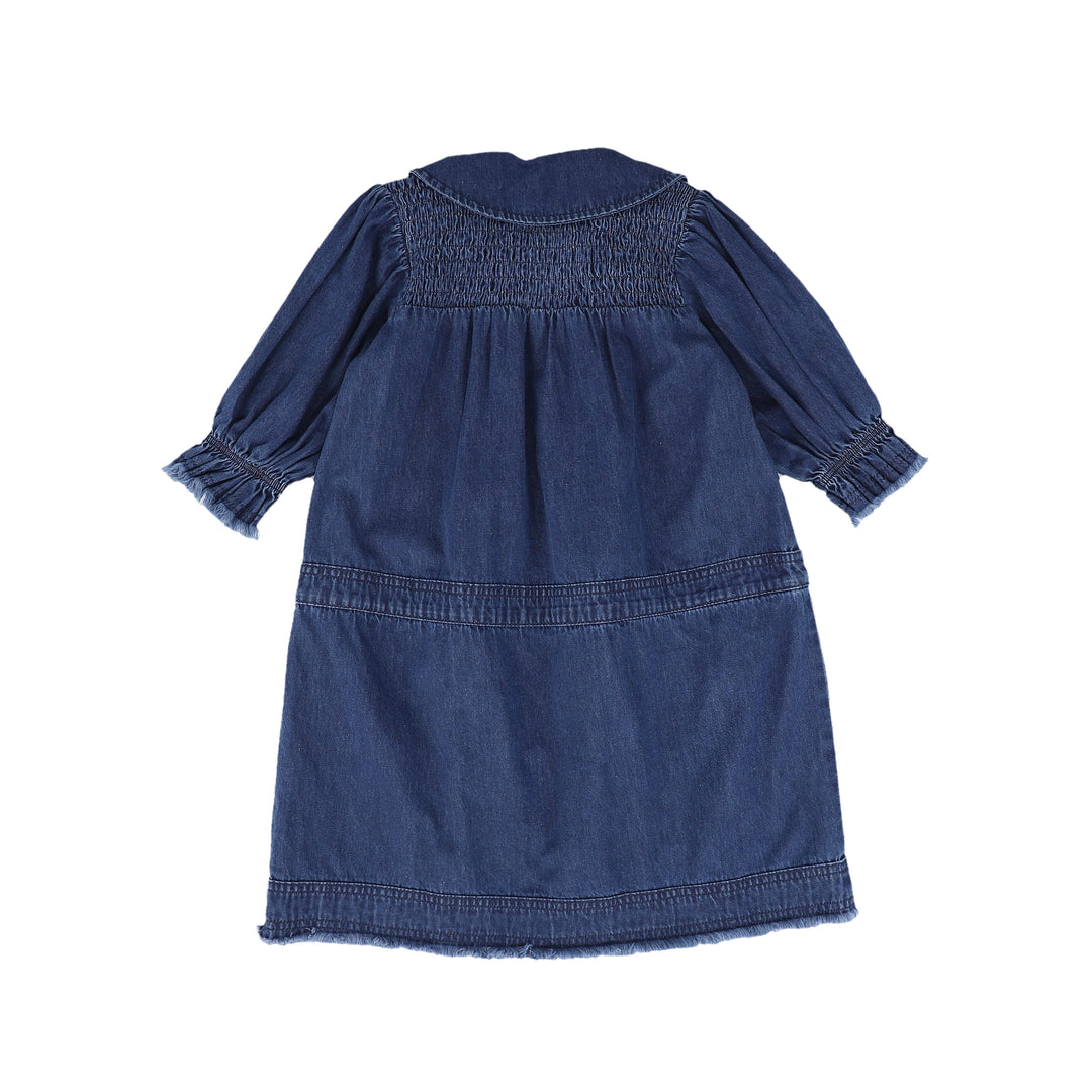 C-19216-Denim Fringe Smocked Dress -Dark Denim