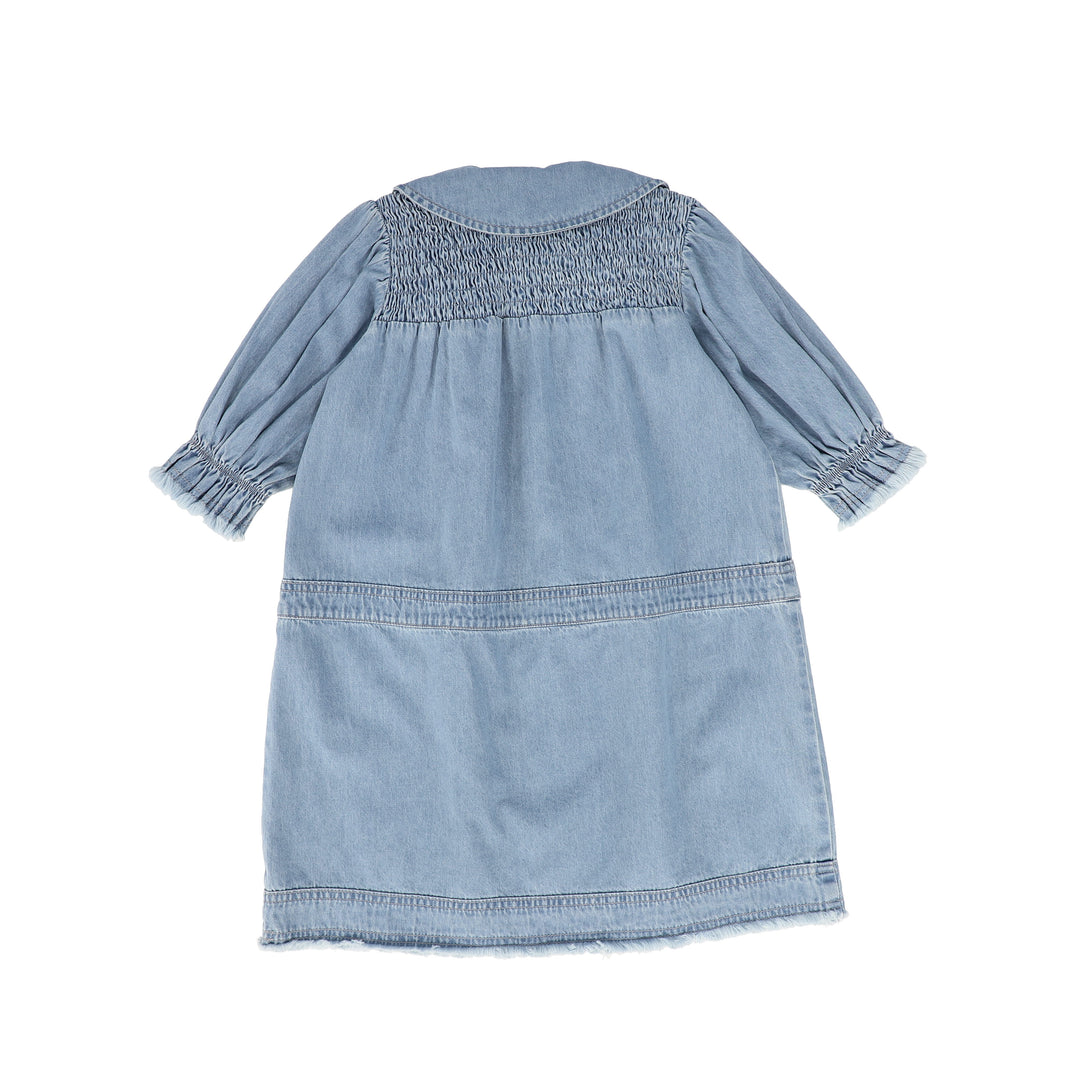 C-19216-Denim Fringe Smocked Dress -LT Blue Denim