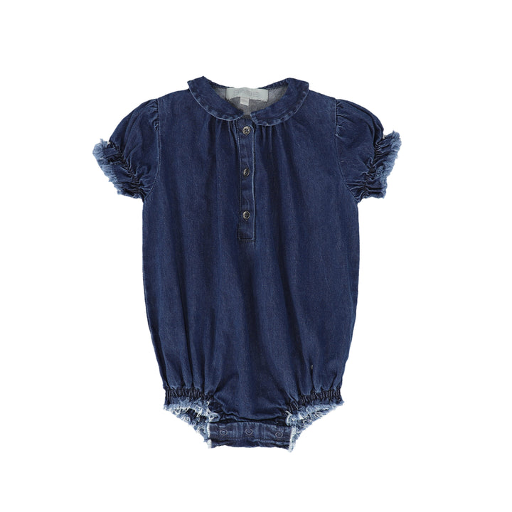 C-19556-Denim Fringe Smocked Romper -Denim