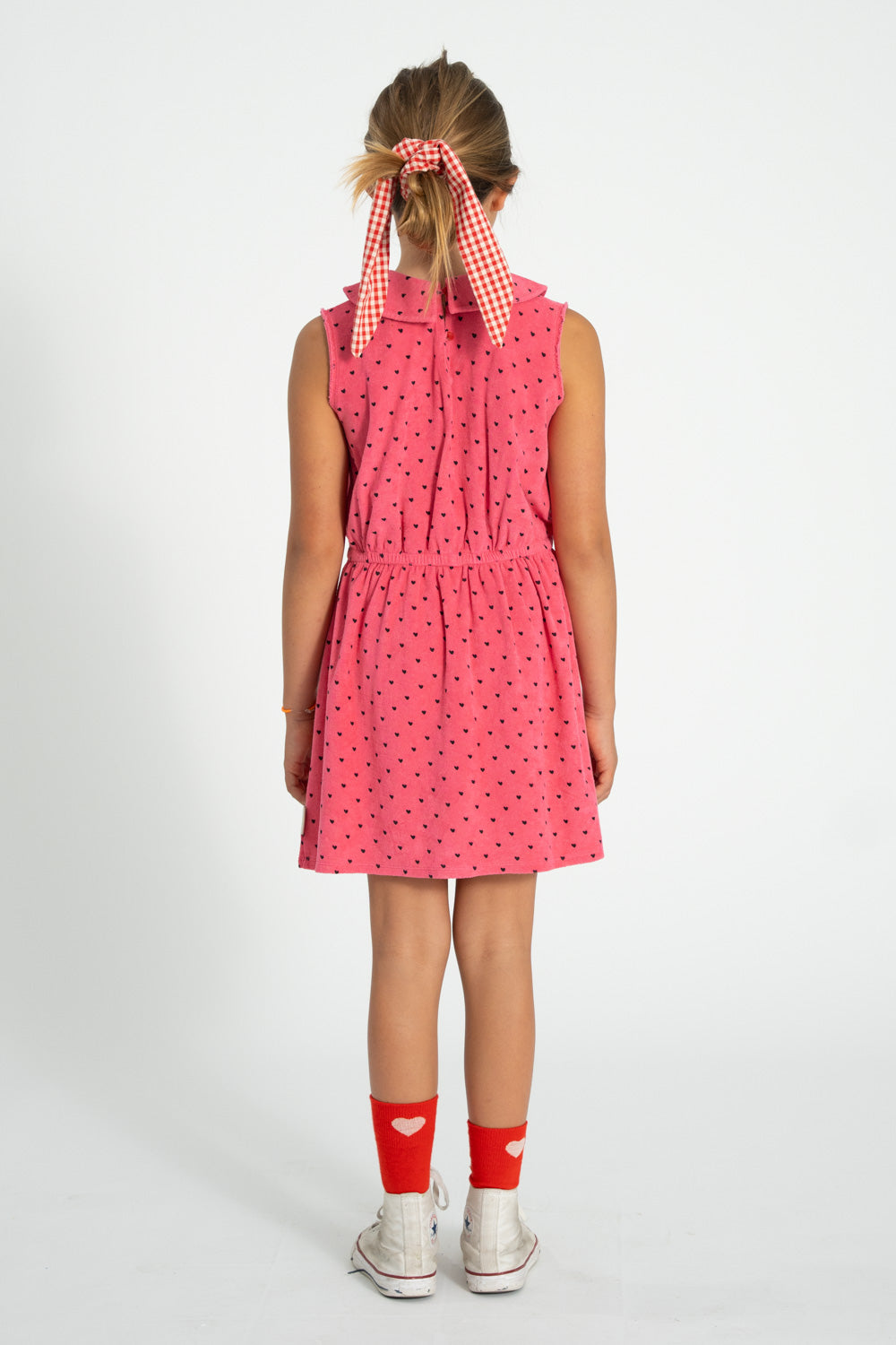 SS26.JRS2621-SHORT DRESS W/ COLLAR - PINK W/ BLACK HEARTS ALLOVER