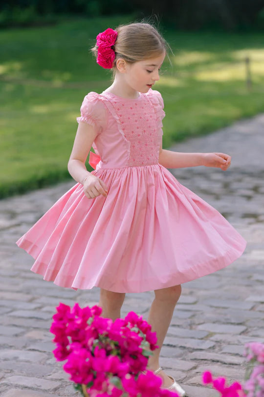 CAMELIA PINK ORGANZA PUFF SLEEVES SMOCKED DRESS