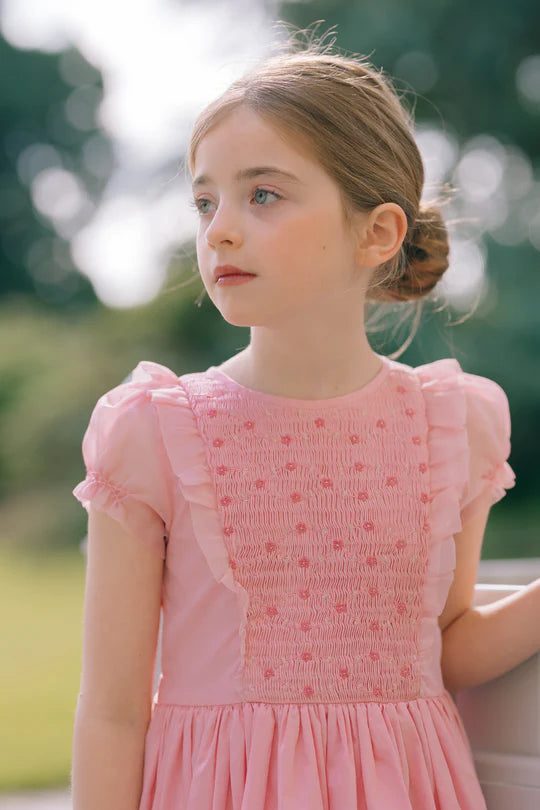 CAMELIA PINK ORGANZA PUFF SLEEVES SMOCKED DRESS