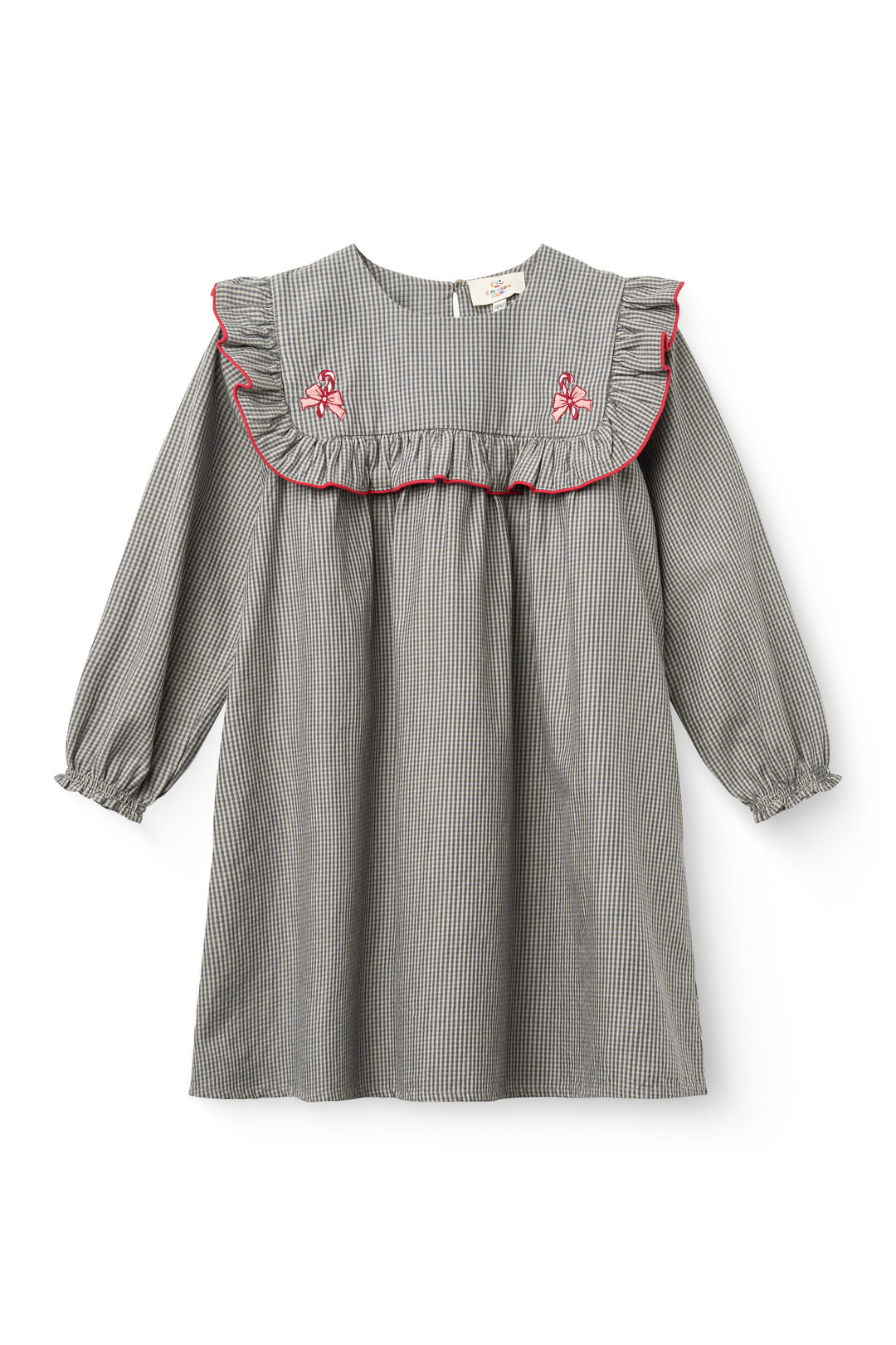 252-220-500 CHECKERED DRESS W. EMB. AND RUFFLE - GREY CHECK COMB