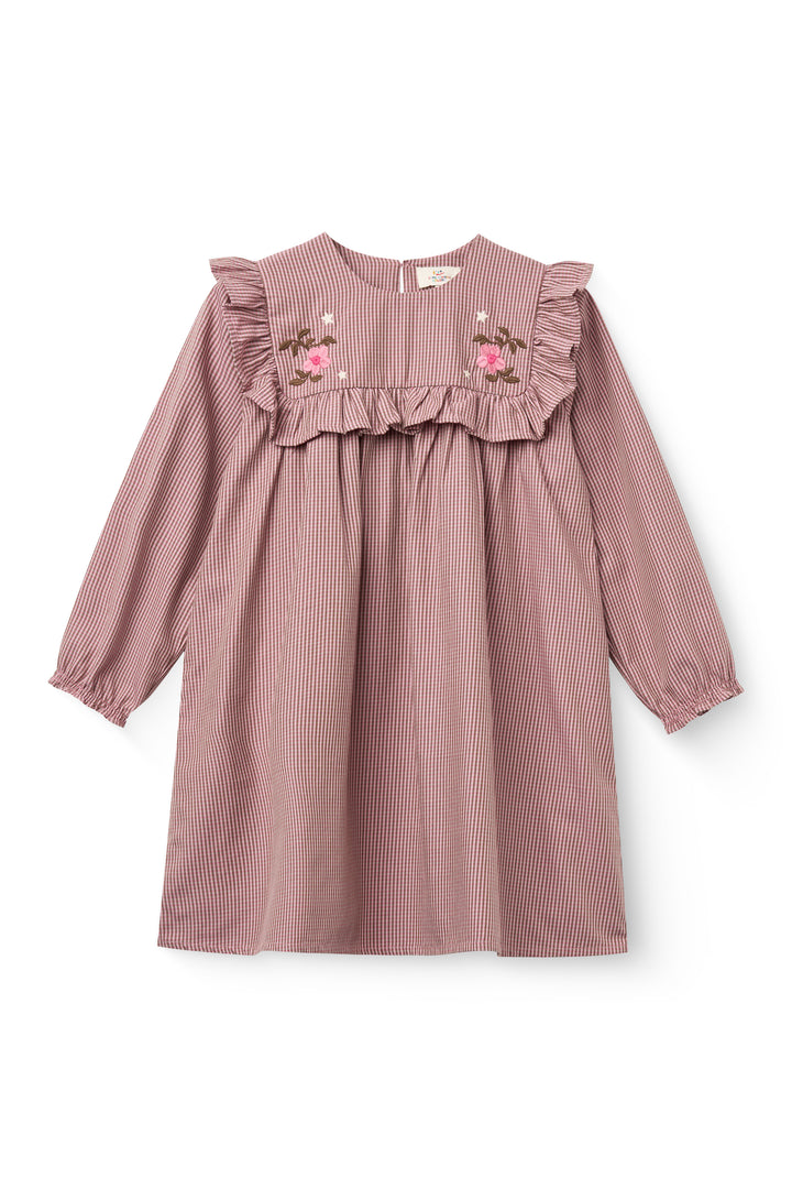 252-220-500 CHECKERED DRESS W. EMB. AND RUFFLE - WINTER ROSE CHECK COMB