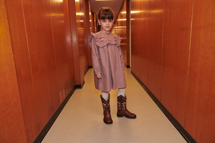 252-220-500 CHECKERED DRESS W. EMB. AND RUFFLE - WINTER ROSE CHECK COMB