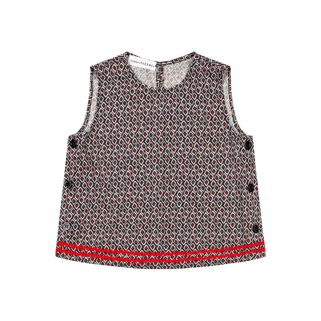 ROUND NECK SLEEVELESS CROP TOP WITH BUTTONS ON THE SIDE-BLUE RED LABYRINTH