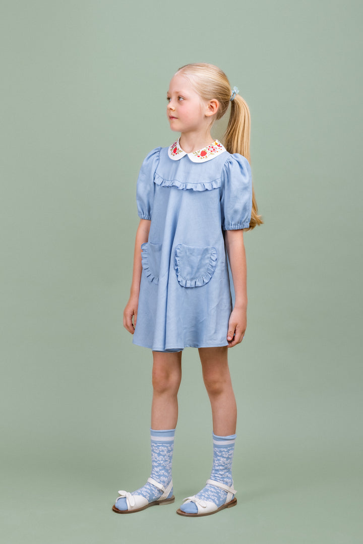 linen dress W/embroidered Collar-Blue