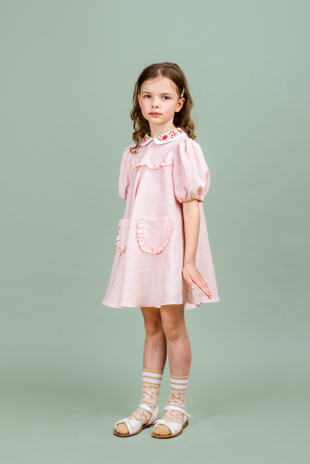 linen dress W/embroidered Collar-Pink