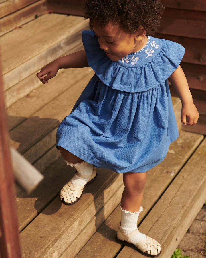 261-240-502 FRILL DRESS W. DECO EDGE - OCEAN BLUE COMB