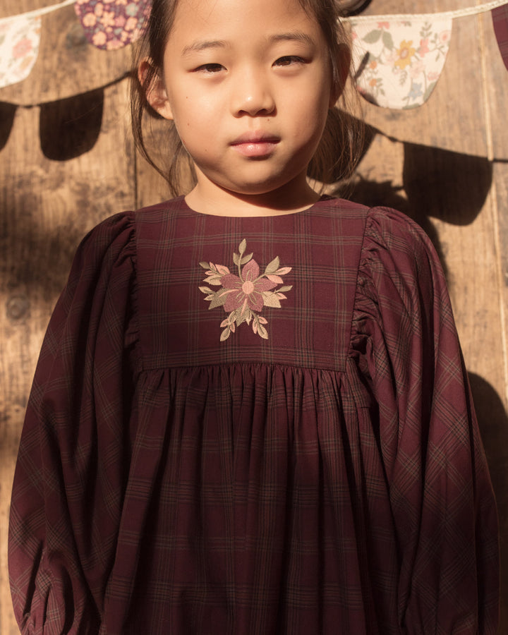 FB-FW26-00009 BELLE DRESS LONG - YARN-DYED CHECKS PLUM